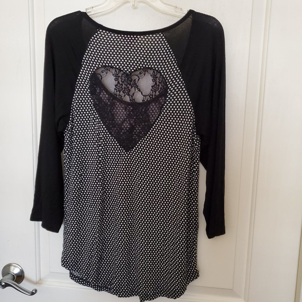 Black Polka Dot Heart Lace-Inset Women's Top